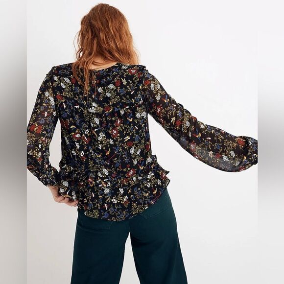 Madewell Sheer-Sleeve Ruffle Peplum Top in Finch Floral. Small. - Picture 3 of 10